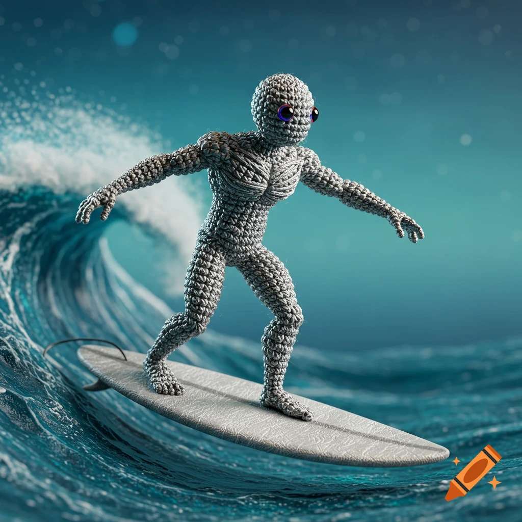 A crocheted Silver Surfer-like figure with large eyes surfs on a white surfboard across a large blue ocean wave.