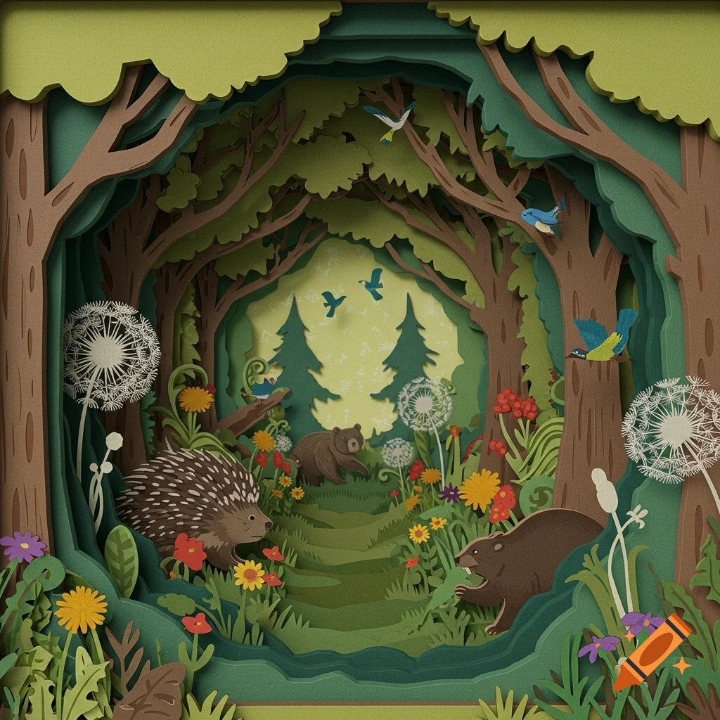 A layered paper-cut forest scene features a hedgehog, bear, and beaver among dandelions and wildflowers, with birds in trees.