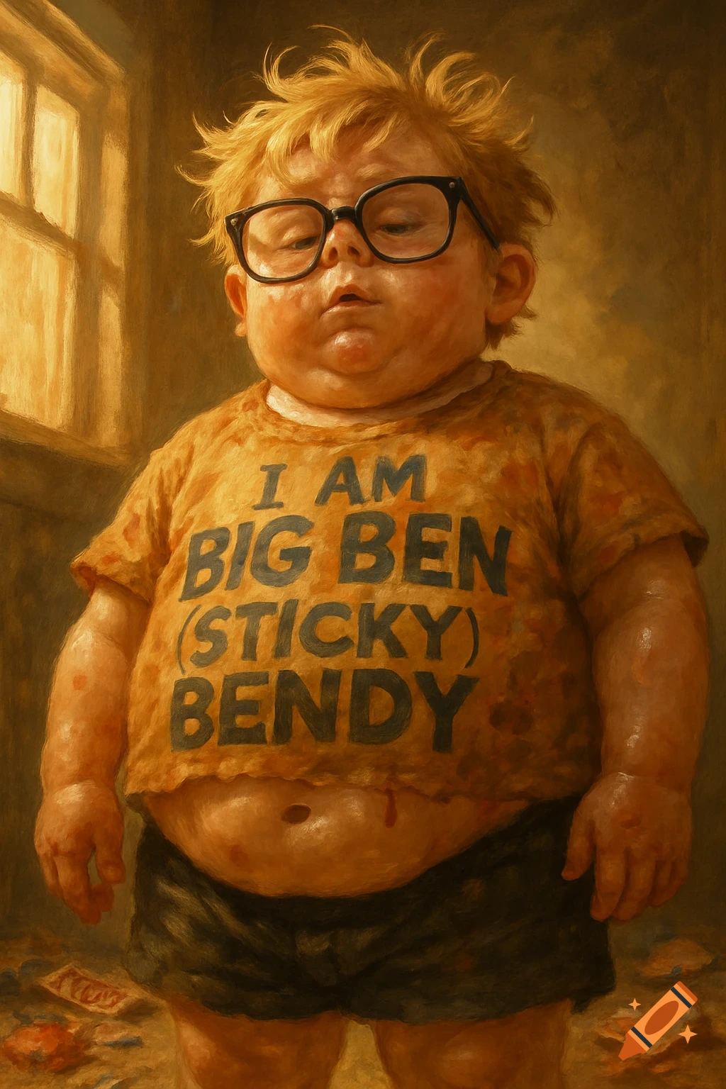 A chubby young boy with messy blond hair and glasses, wearing an orange t-shirt that says "I AM BIG BEN (STICKY) BENDY", with his belly exposed, standing in a painterly style.