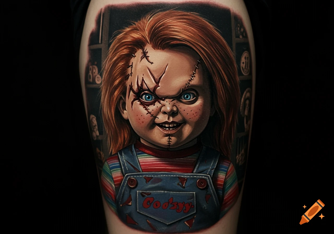 A highly detailed, realistic tattoo of Chucky from the horror films, featuring his stitched face, red hair, and blue overalls.