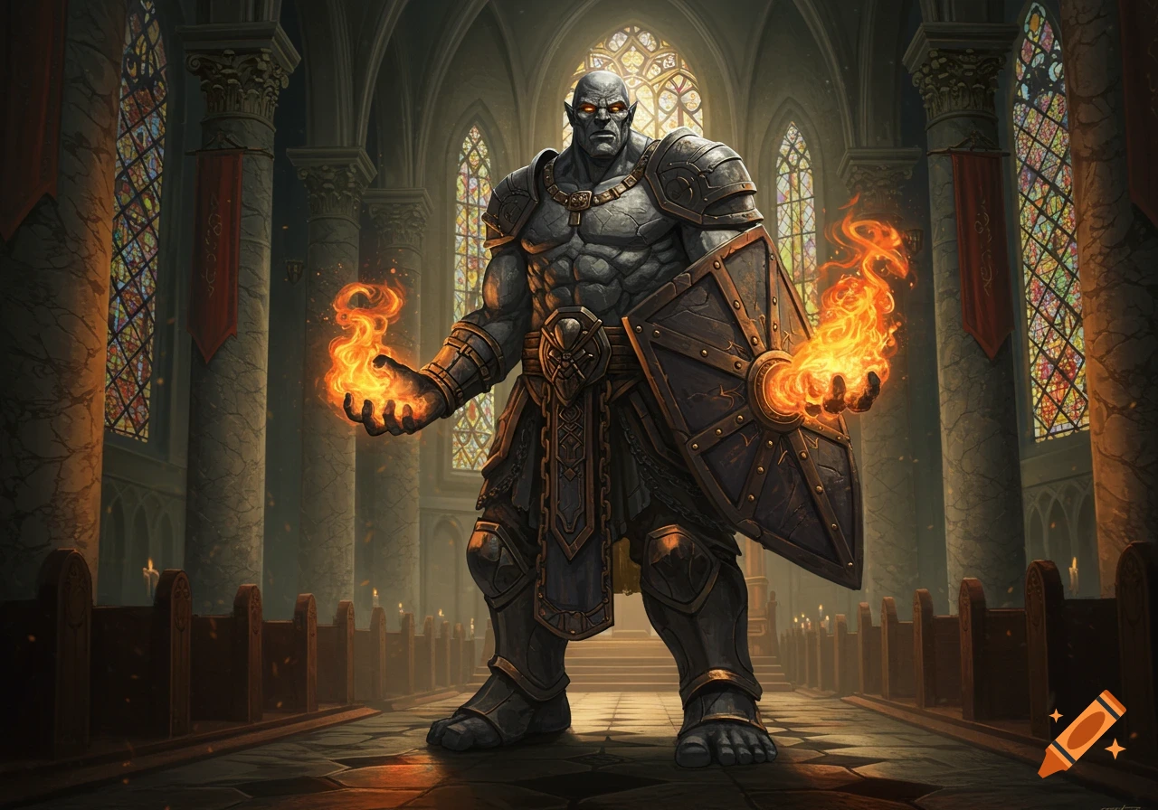 A grey-skinned stone goliath cleric in armor, holding a shield and blasting flames, stands in a grand monastery.