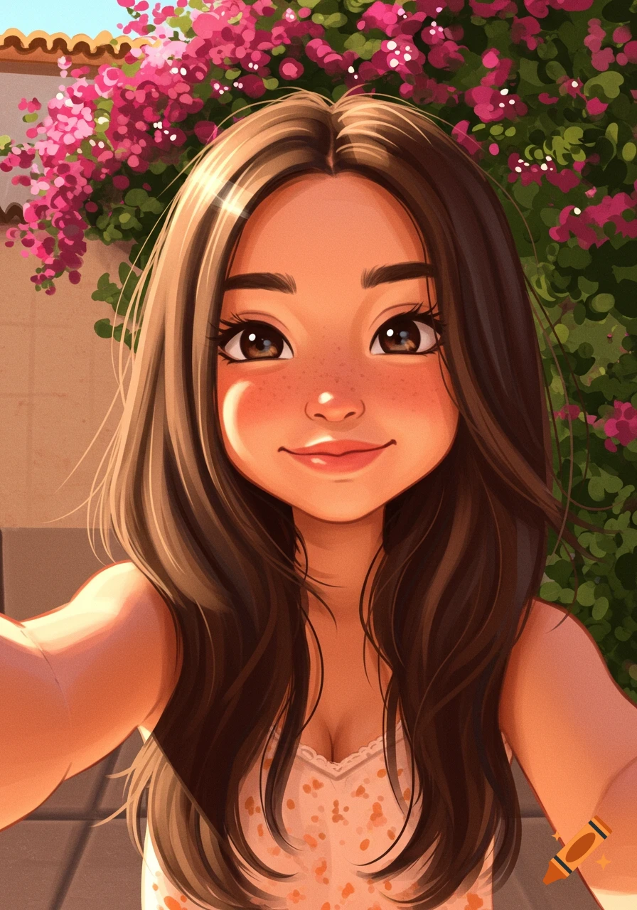 Cartoon-style selfie of a smiling girl with long brown hair, freckles, and a blush, against a background of green leaves and pink bougainvillea flowers.