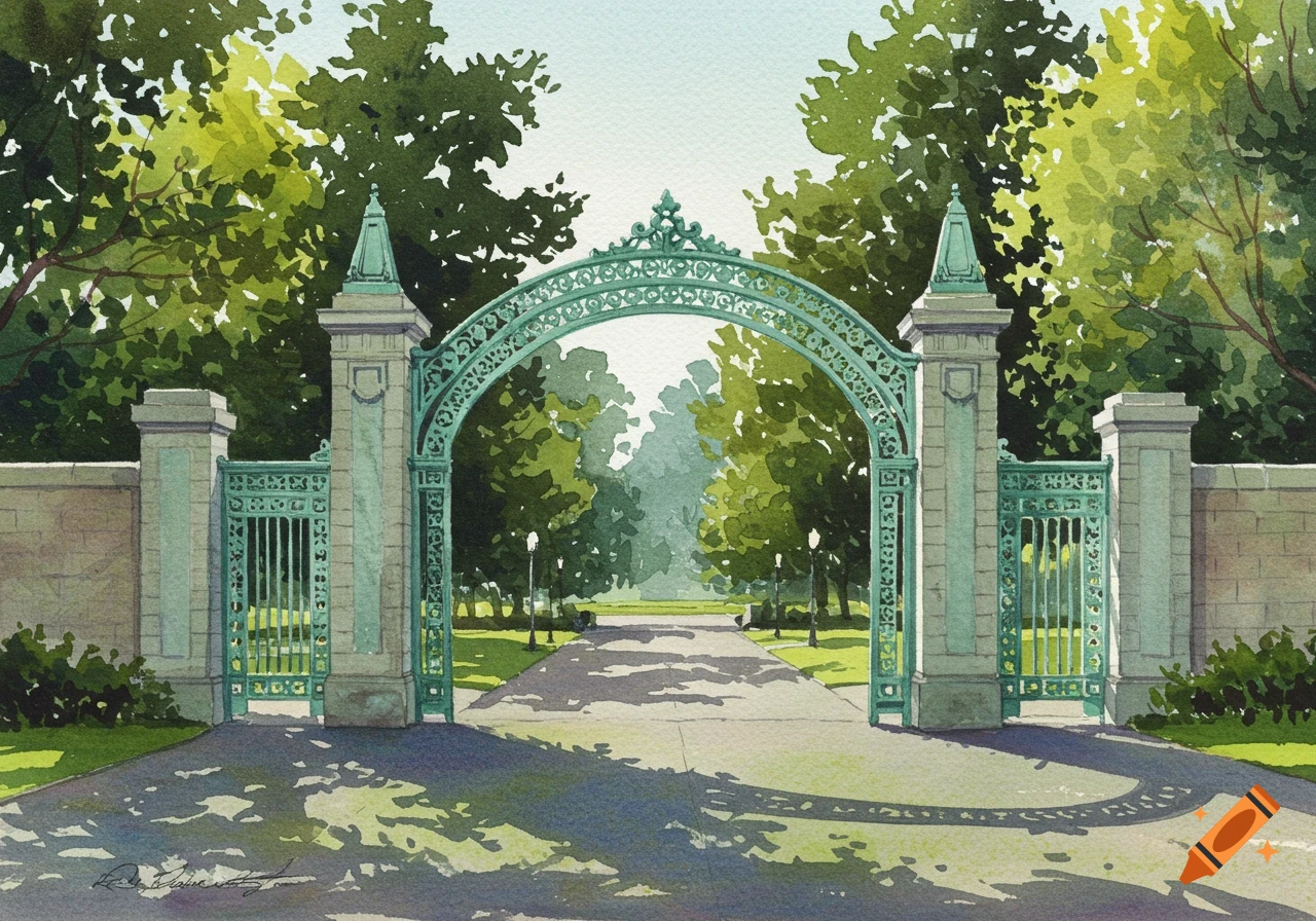 Vibrant watercolor painting of the green, ornate Sather Gate at UC Berkeley, leading to a tree-lined path.