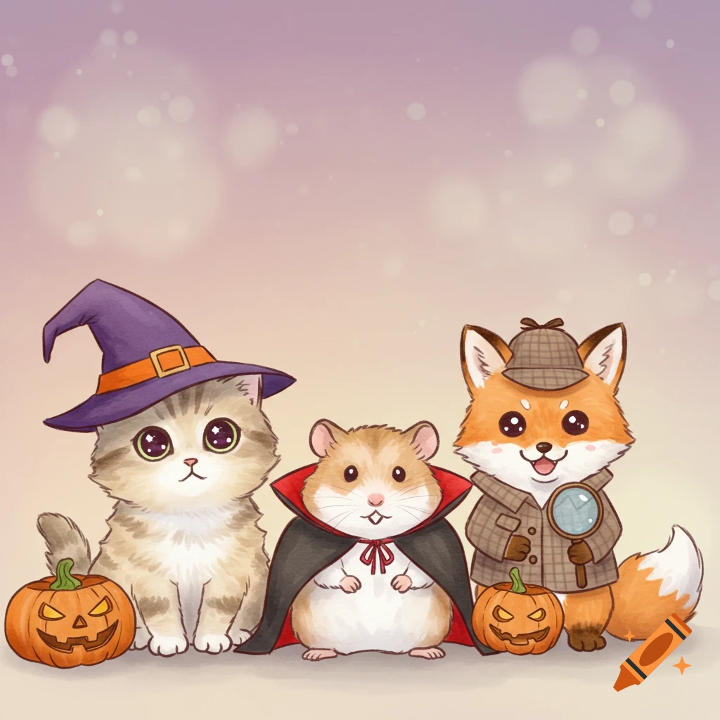 Cute watercolor illustration of a cat witch, hamster vampire, and fox detective with pumpkins for Halloween.