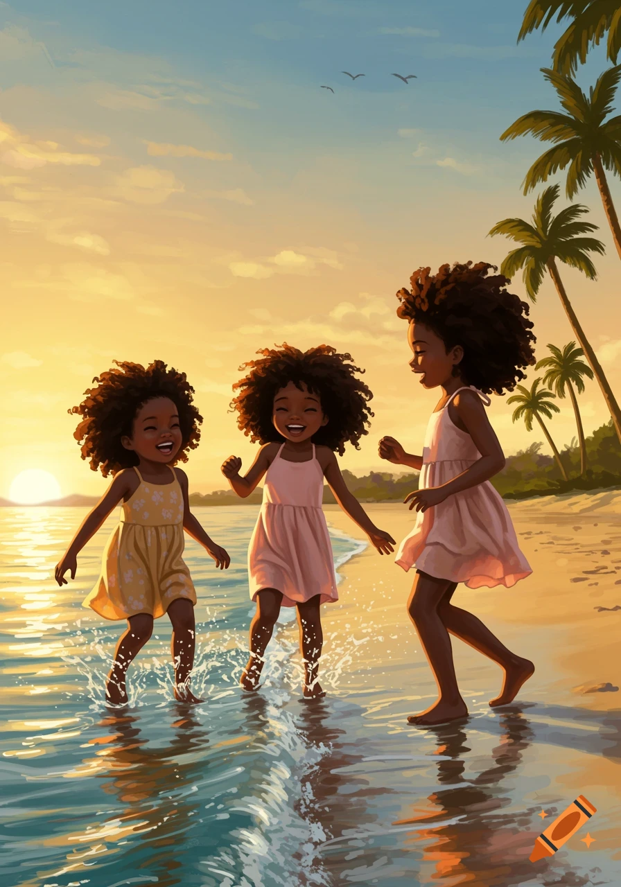 Three young Black girls with curly hair play in the shallow water of a beach at sunset, with palm trees in the background. Illustration.