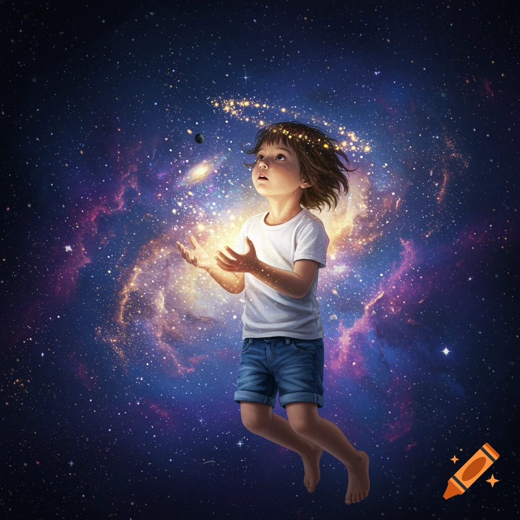 An illustrative image of a child floating in a colorful galaxy with glowing cosmic dust swirling around her hands and head.
