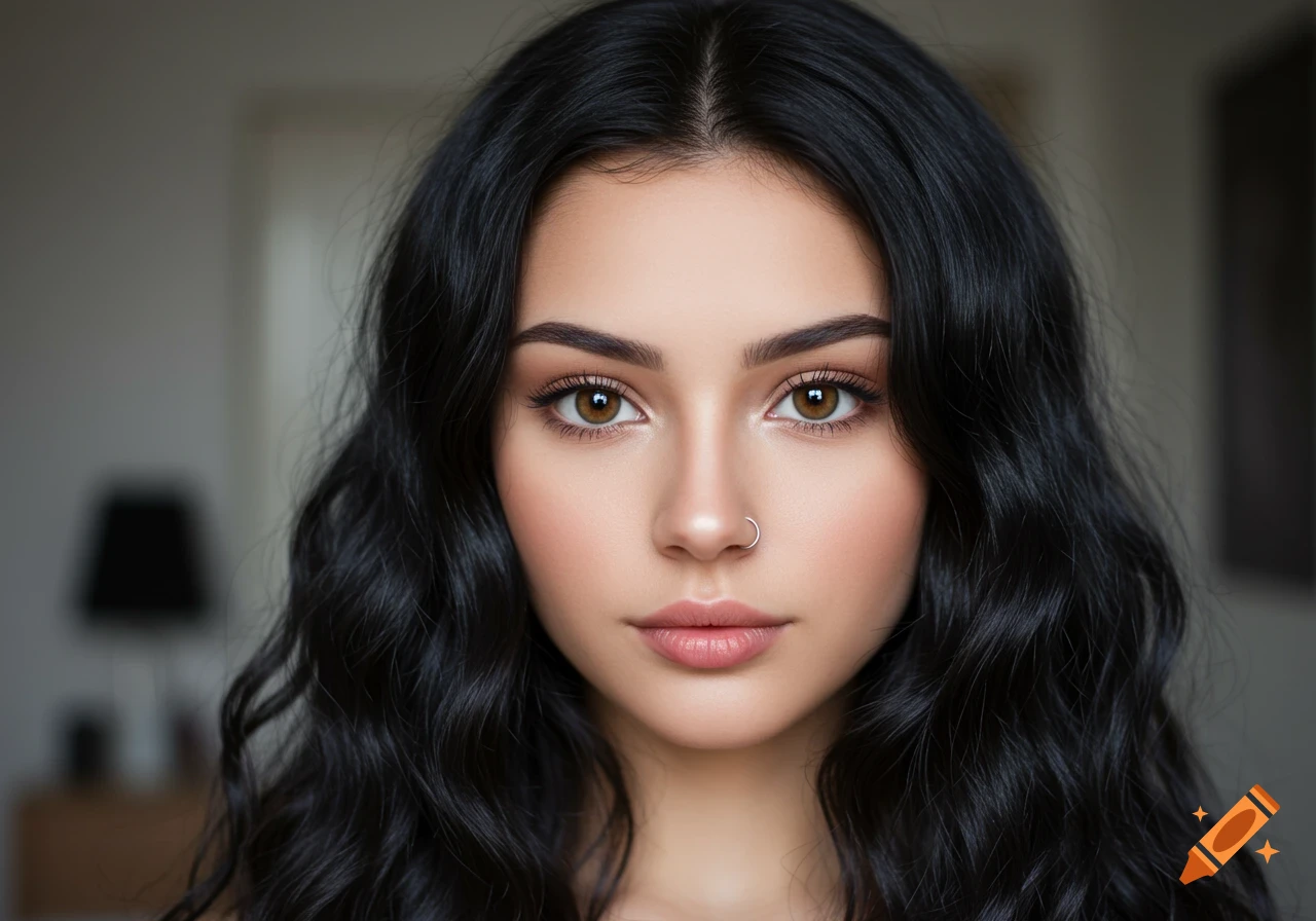 Photorealistic close-up portrait of a young woman with raven black wavy hair, dark hazel eyes, fair skin, and a nose ring.