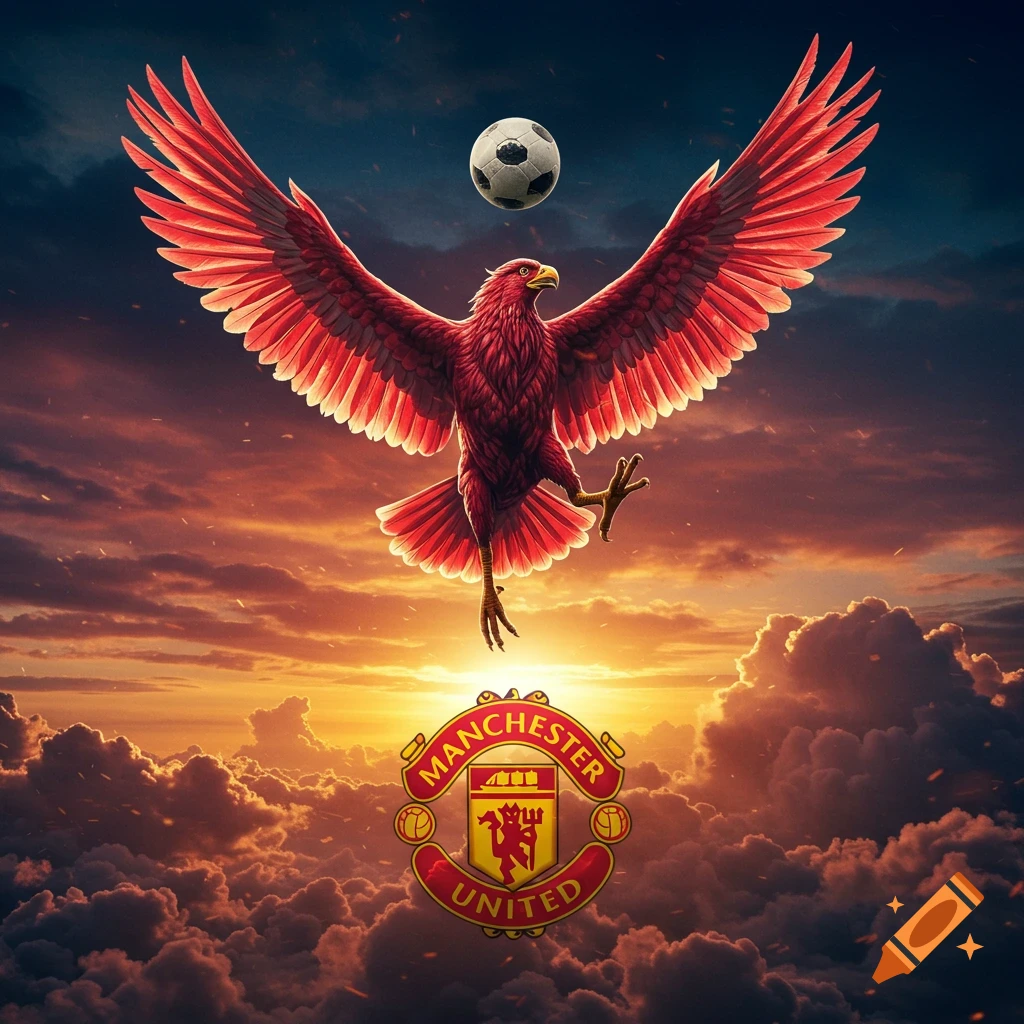 A majestic red eagle-like bird with outstretched wings hovers beneath a soccer ball against a dramatic sunset sky filled with clouds. Below the bird, the Manchester United football club logo is prominent.