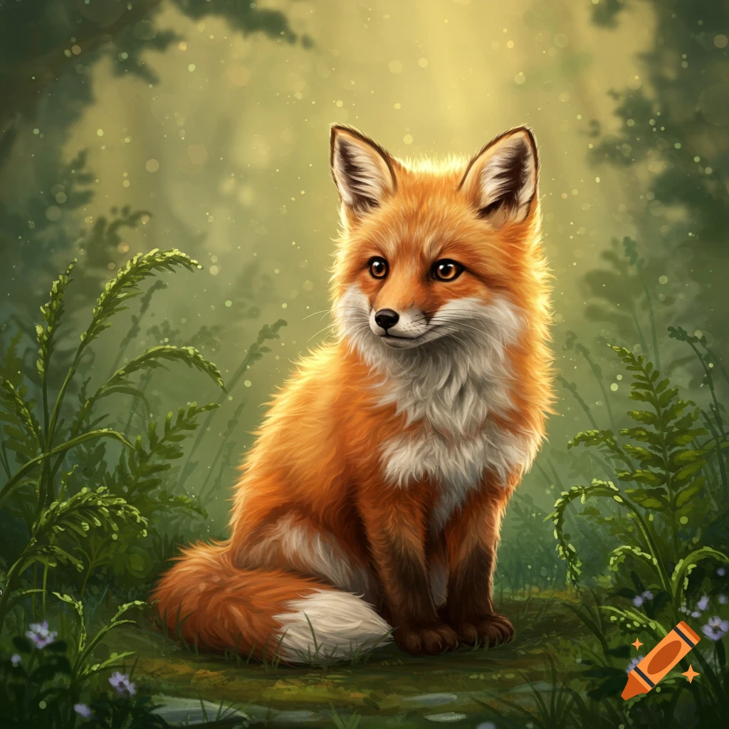 A cute, fluffy red fox with white markings sits in a lush, glowing green forest, looking to the right. Digital painting.