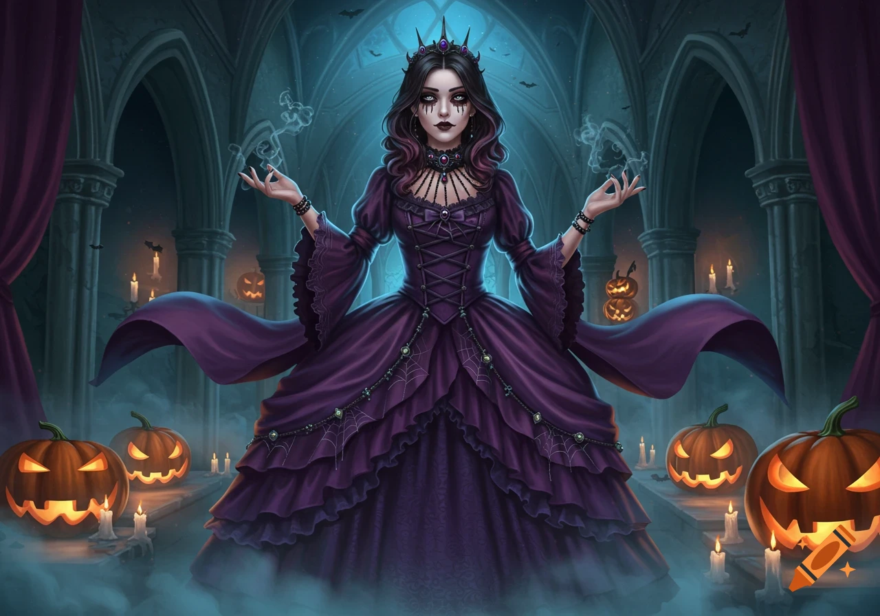 A gothic woman in a dark purple dress and crown stands in a spooky castle hall with lit jack-o'-lanterns and candles, surrounded by mist.