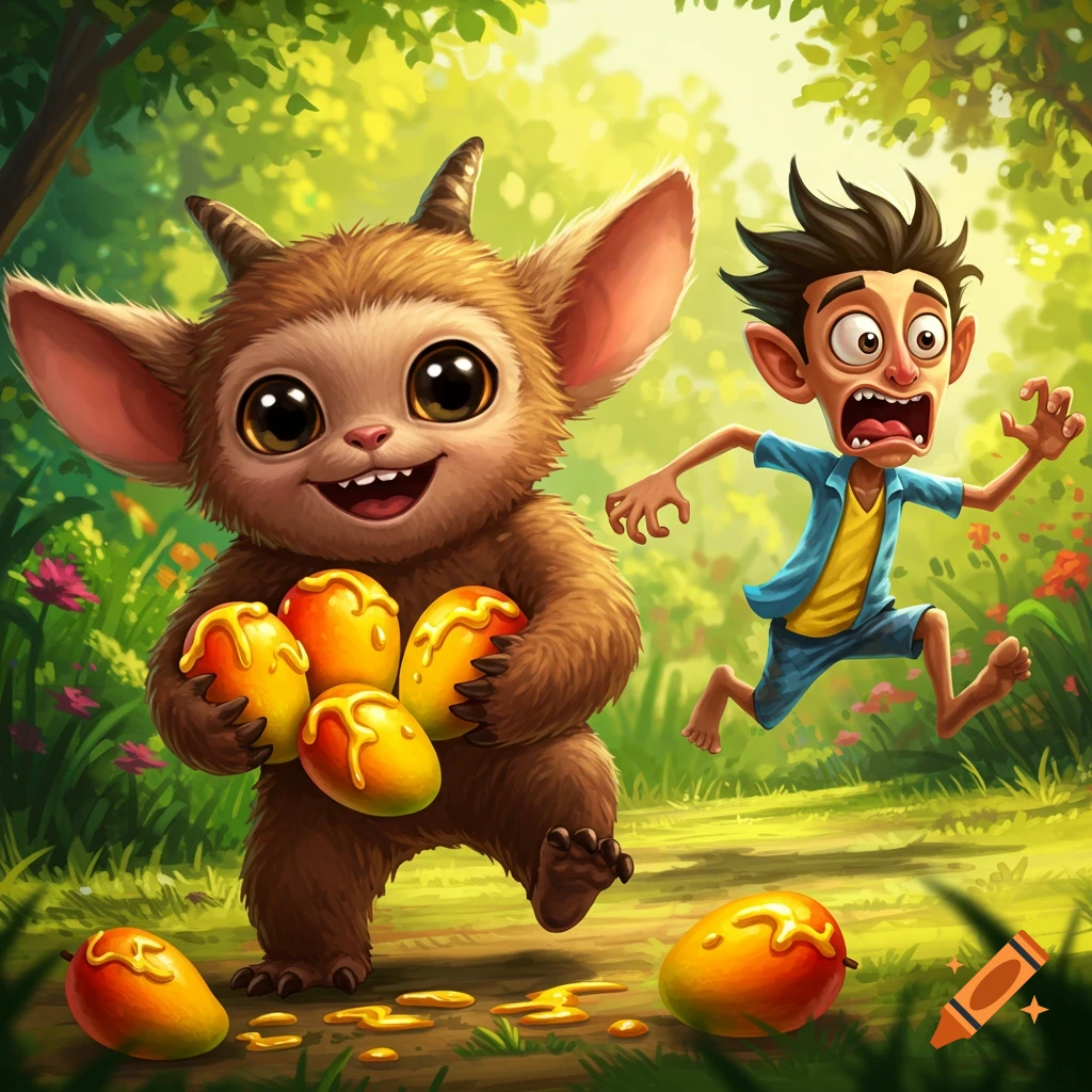 A cute, furry, horned cartoon monster smiles while carrying honey-covered mangoes as a scared boy runs away from it through a lush green forest.