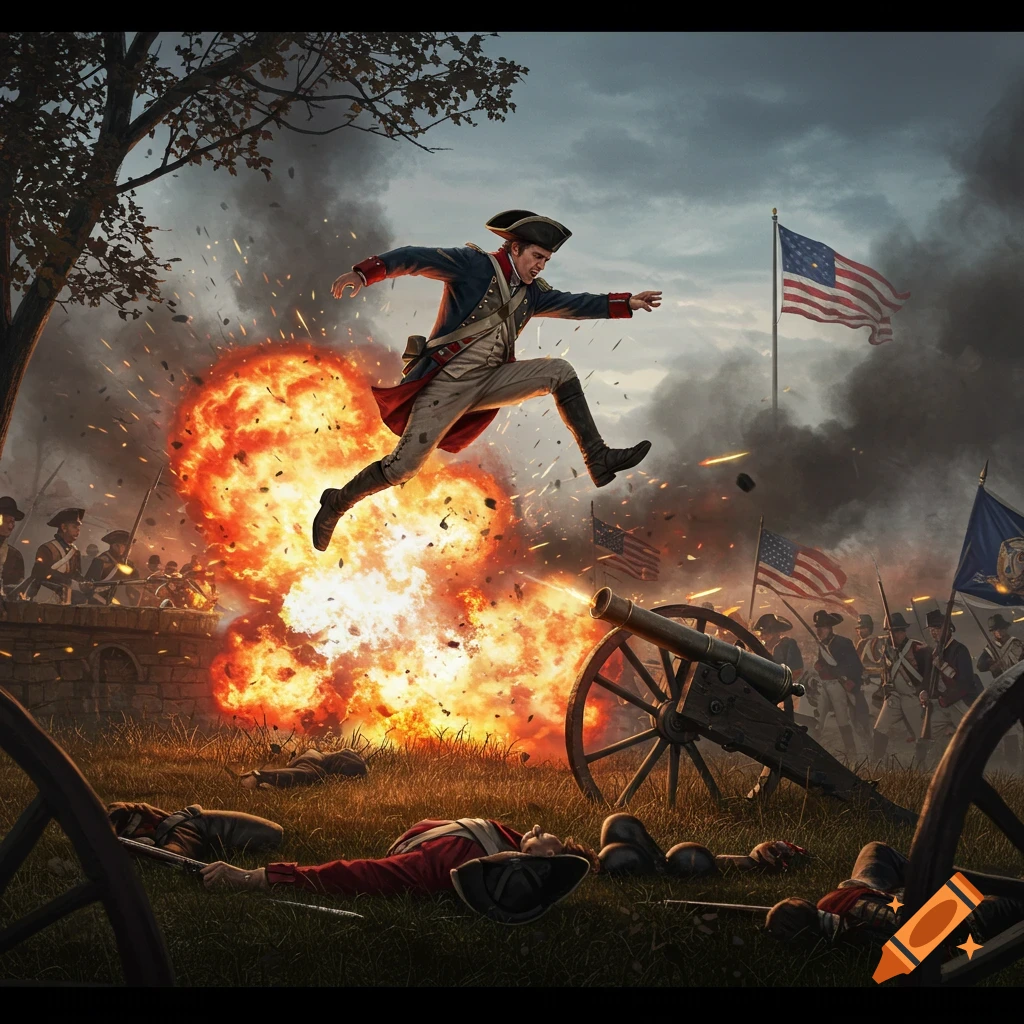 An American Revolution soldier jumps over a large explosion on a chaotic battlefield with cannons, flags, and fallen soldiers. Realistic style.