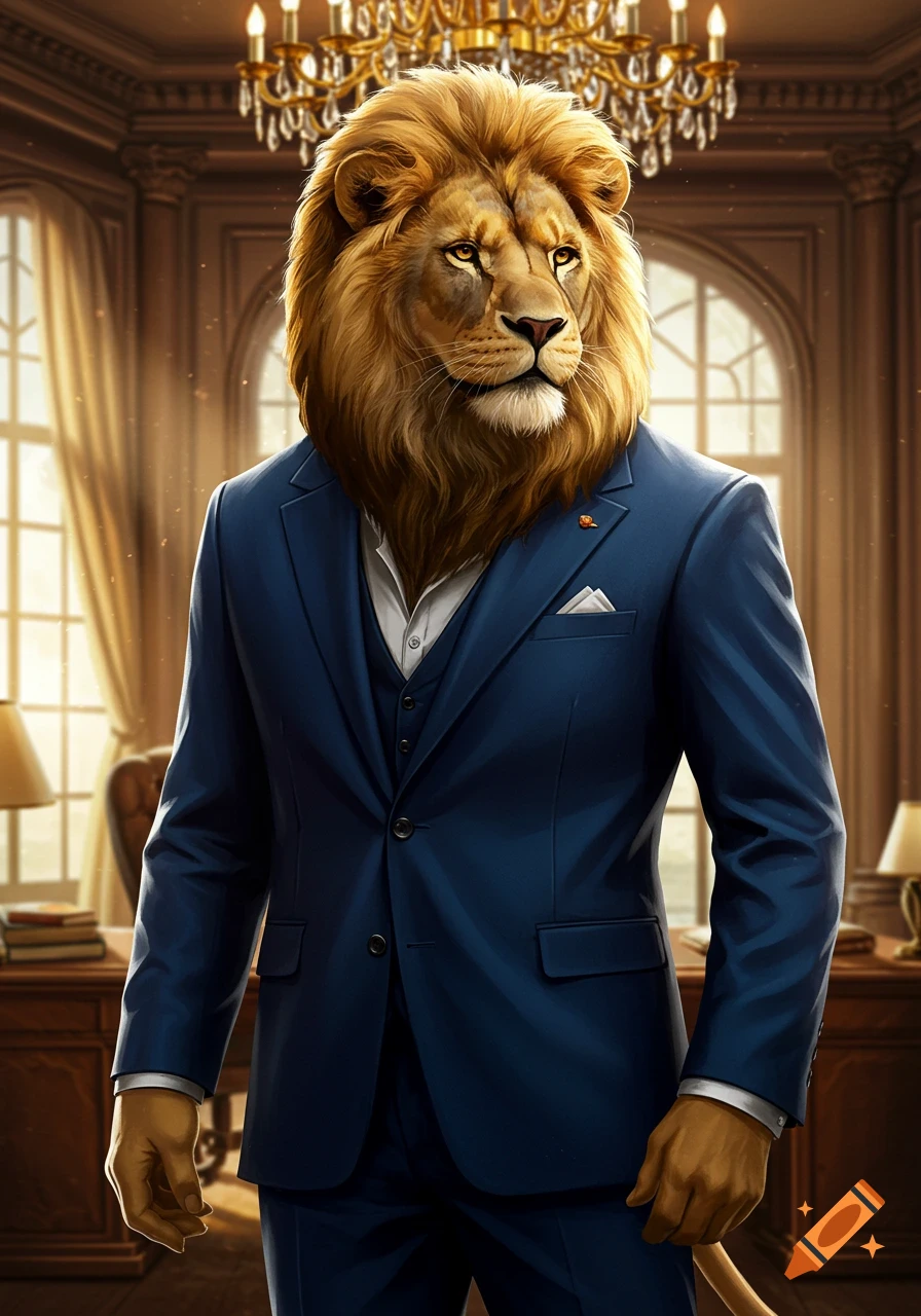 Photorealistic lion in a blue suit in a grand office with a chandelier.