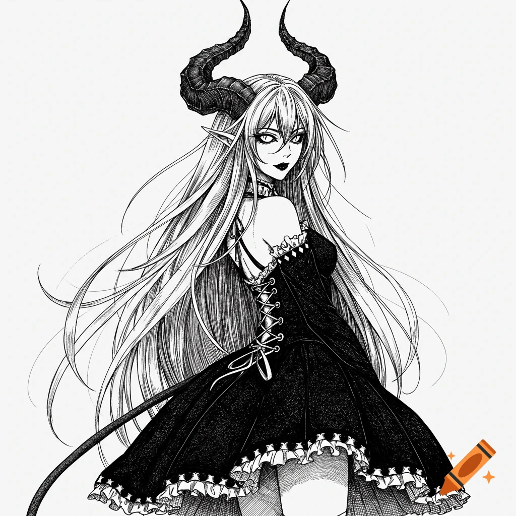 Black and white anime-style drawing of a demon girl with long flowing white hair, large horns, pointed ears, and a black ruffled dress looking over her shoulder.