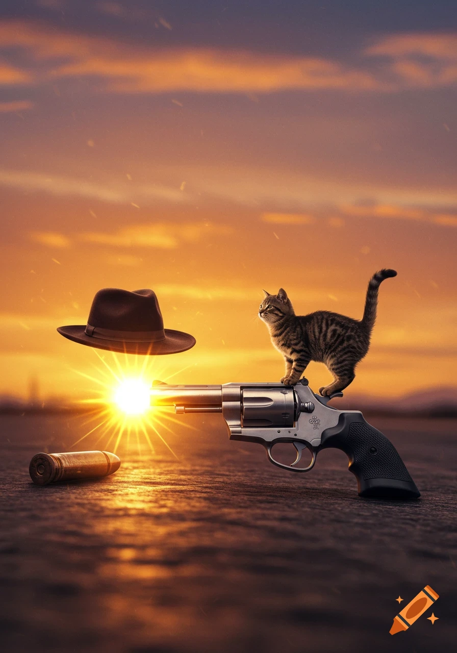A tabby cat stands on a silver revolver, which emits a bright sunburst, with a brown fedora floating nearby at sunset. Photorealistic.