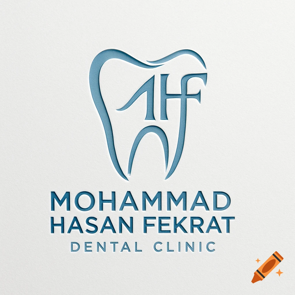 A blue stylized tooth logo with integrated 'MHF' initials, and 'Mohammad Hasan Fekrat Dental Clinic' text below, embossed on a white background.