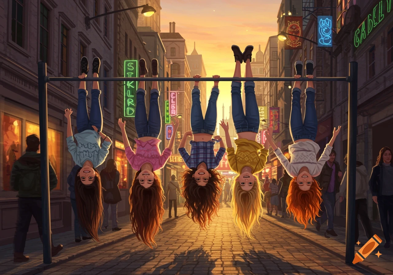 Five cheerful cartoon girls with various hair colors hang upside down from a bar in a vibrant city street at sunset.