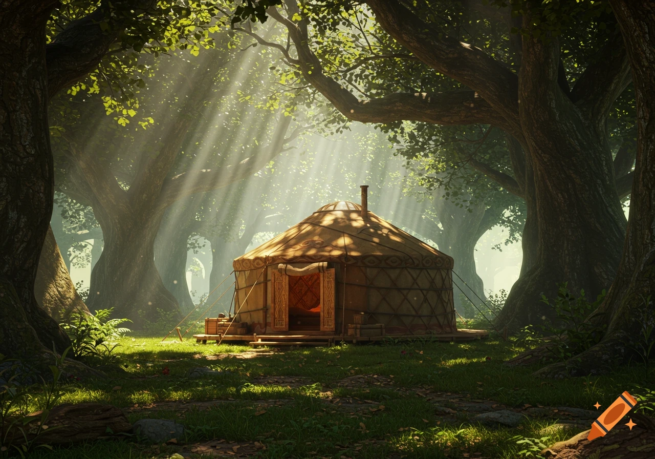 A cozy yurt nestled in a sun-dappled, ancient forest with light rays filtering through tall trees.
