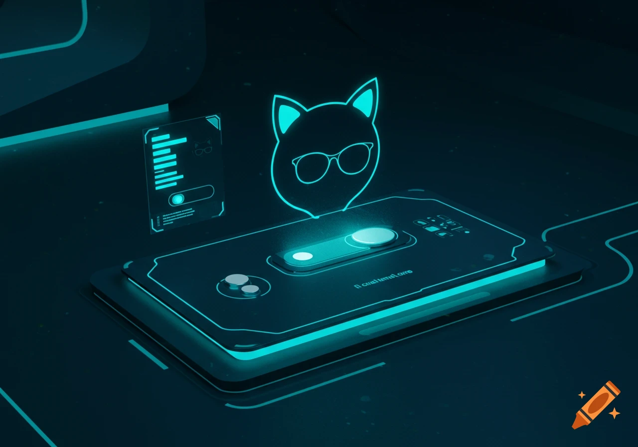 A futuristic digital interface in teal and black, displaying a glowing cat head icon with glasses over a control panel.