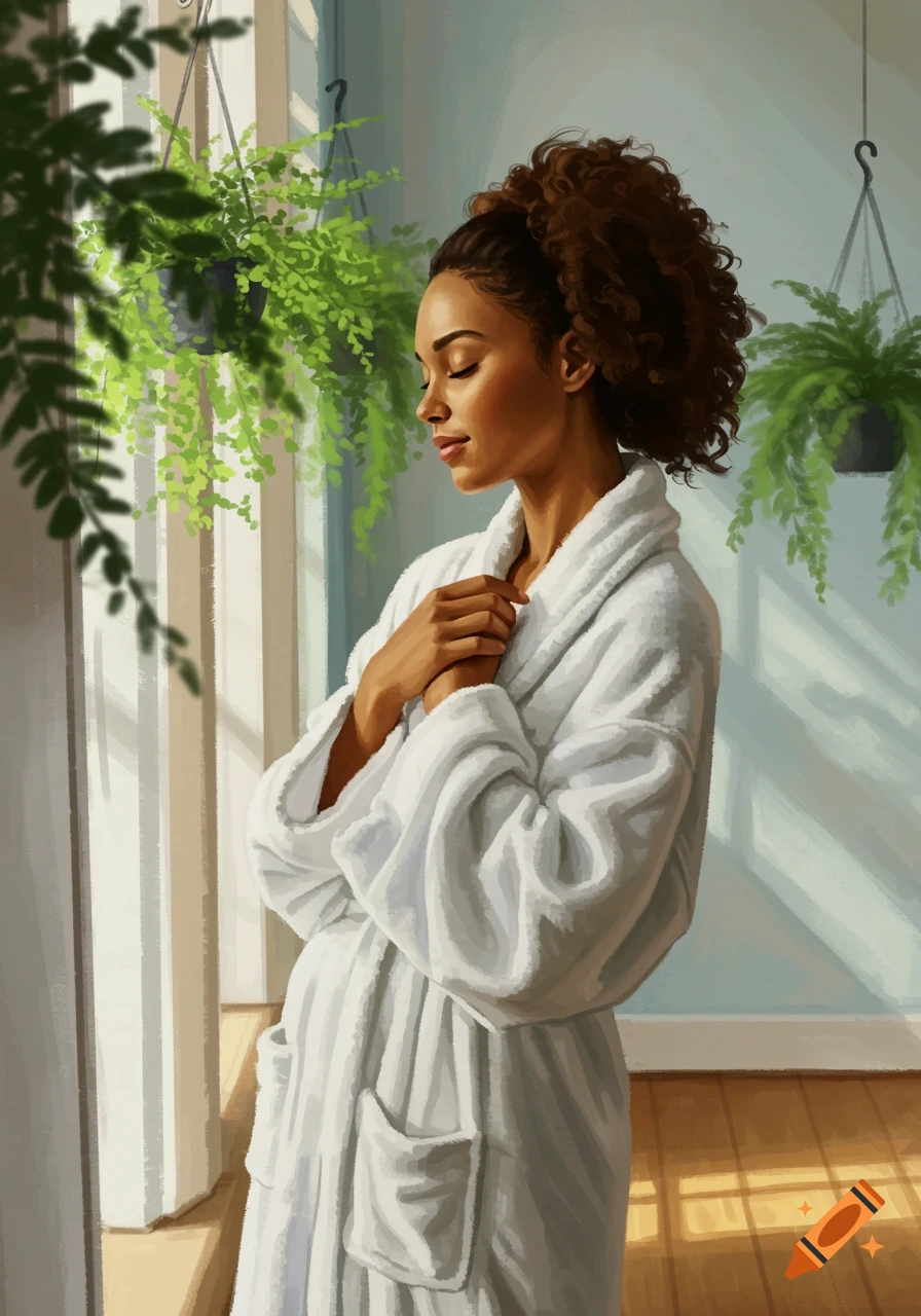An illustration of a woman with curly hair in a white bathrobe, standing by a window with hanging plants, bathed in soft sunlight.