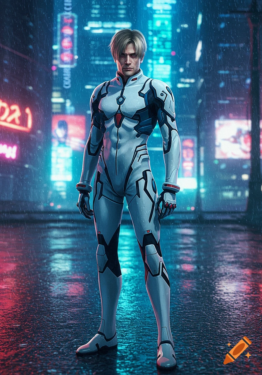 A man in a white and blue futuristic suit stands in a rainy, neon-lit cyberpunk city at night.