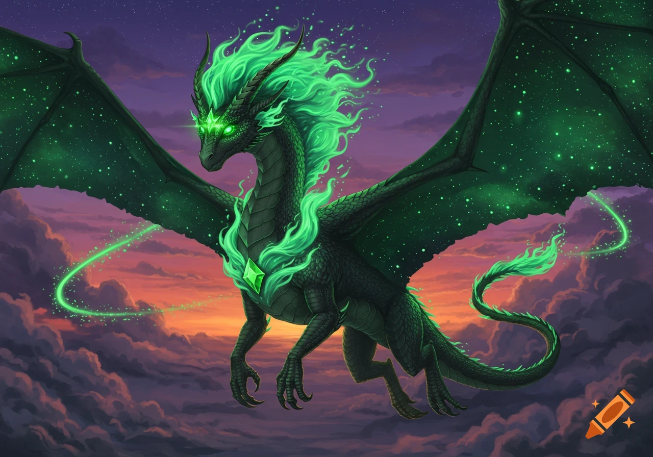 A majestic dark dragon with a glowing green fiery mane, green starry wings, and a green chest gem, flying through a twilight sky.