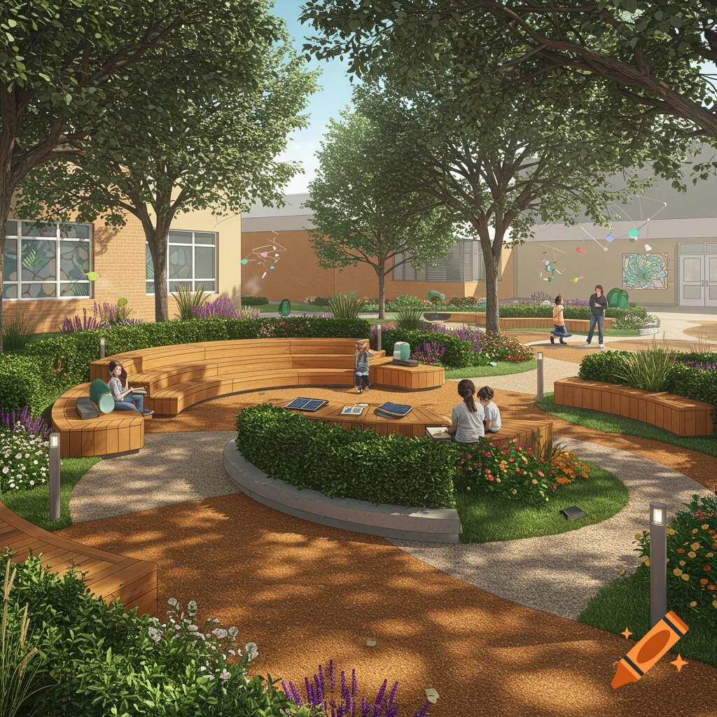 An architectural rendering of a modern outdoor campus corner with curved wooden benches, lush landscaping, and children playing.