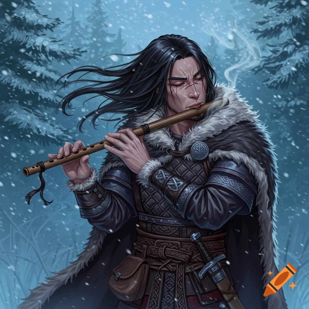 A long-haired man in Viking-style fur and leather armor plays a flute in a snowy forest.