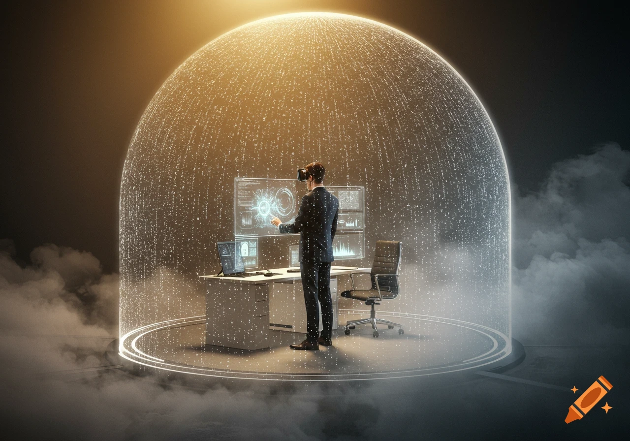 A man in a suit wearing a VR headset interacts with multiple holographic screens within a glowing, data-filled dome, surrounded by smoke.