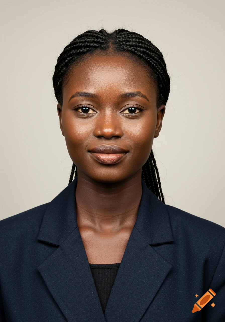 A young Black woman with braided hair wearing a dark blazer, smiling slightly for a passport-style photo against a light background.