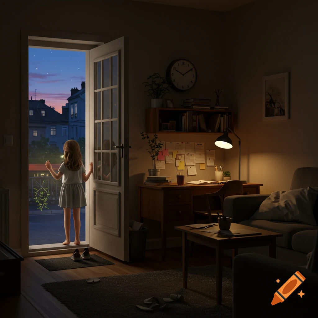 Photorealistic image of a girl looking out an open apartment door at a city street at dusk.