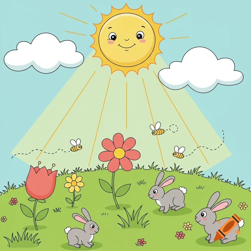 A cheerful cartoon illustration of a sunny meadow with a smiling sun, clouds, colorful flowers, bees, and three cute rabbits.