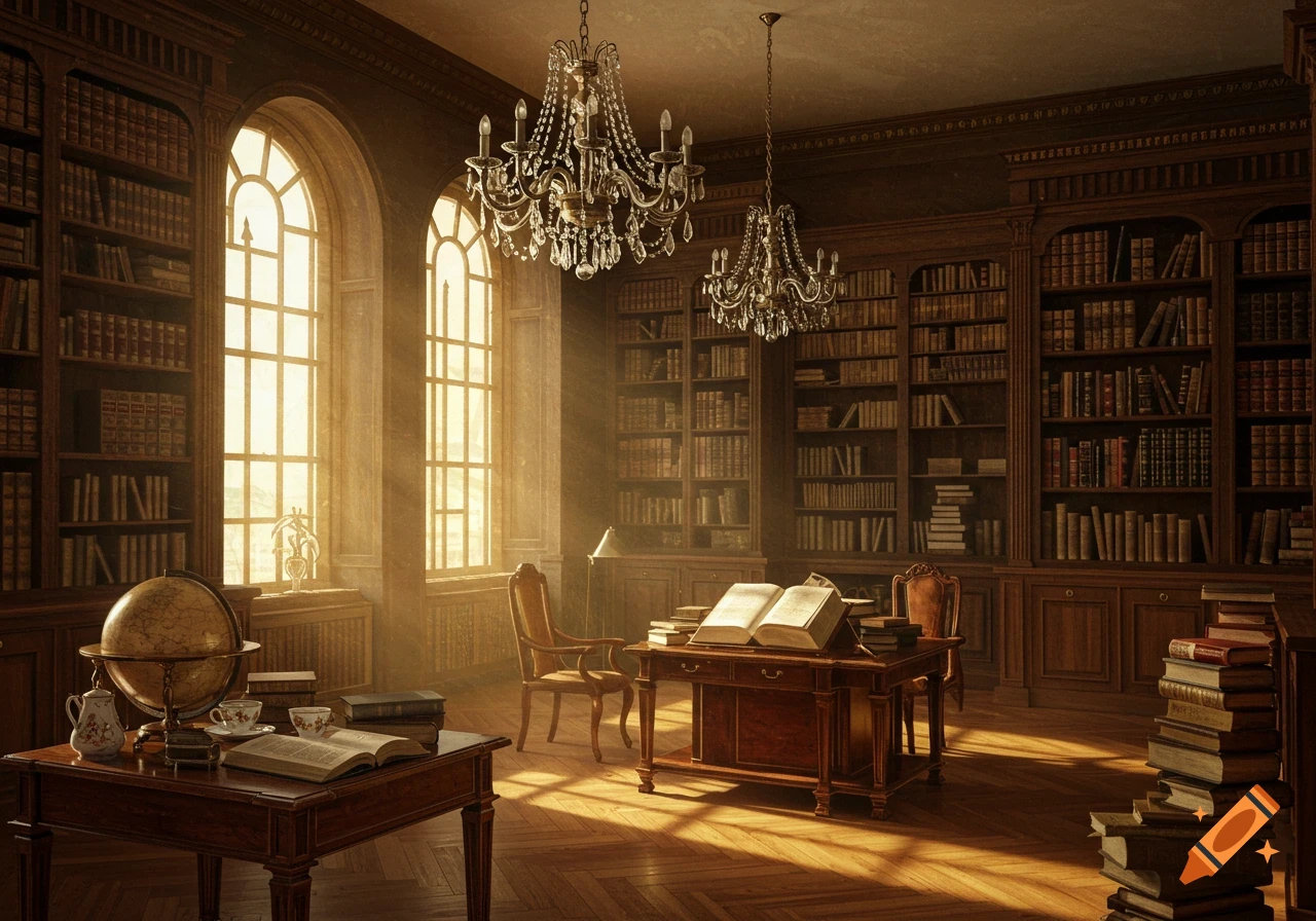 Ornate library with tall arched windows, sunlight streaming in, bookshelves, chandeliers, and antique furniture.