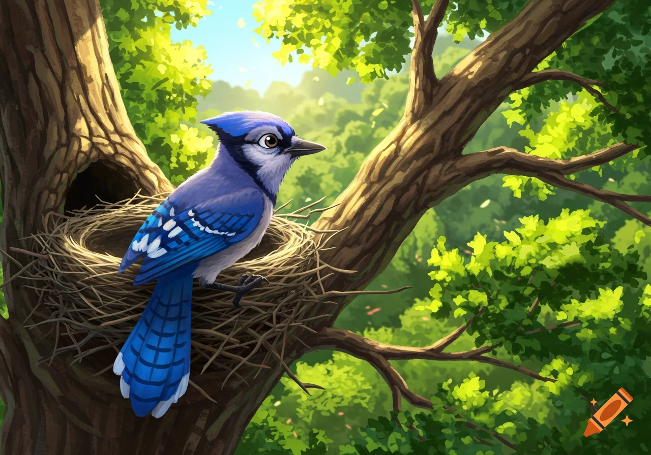 A blue jay with vibrant blue feathers perches in a stick nest built into a large tree trunk, surrounded by bright green foliage under a sunny sky.