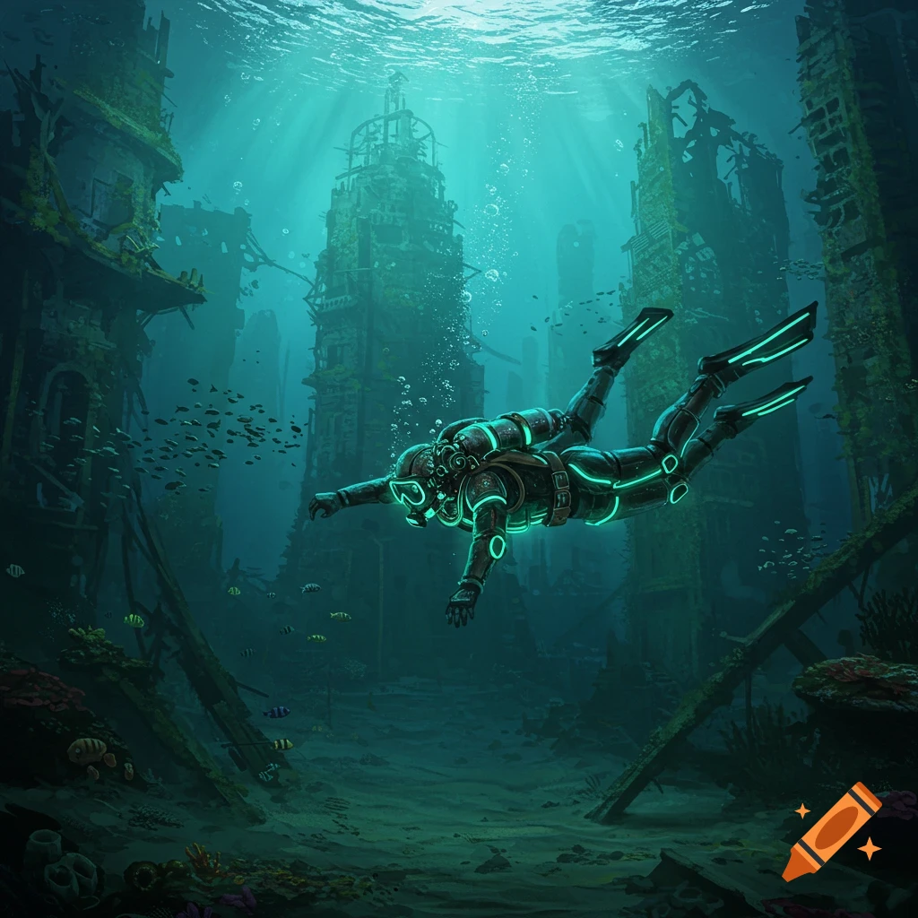 A futuristic diver in a glowing suit explores ancient, moss-covered underwater ruins with sunlight streaming down.