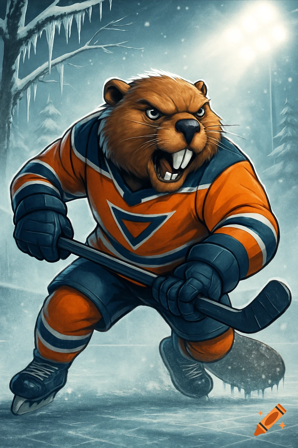 A fierce cartoon beaver hockey player in an orange and blue jersey skates on a frozen rink, holding a stick, with a snowy forest background.