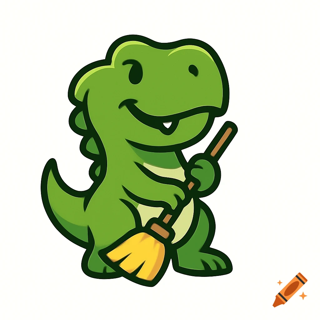 Friendly green cartoon T-Rex mascot holding a broom, vector graphic on a white background.