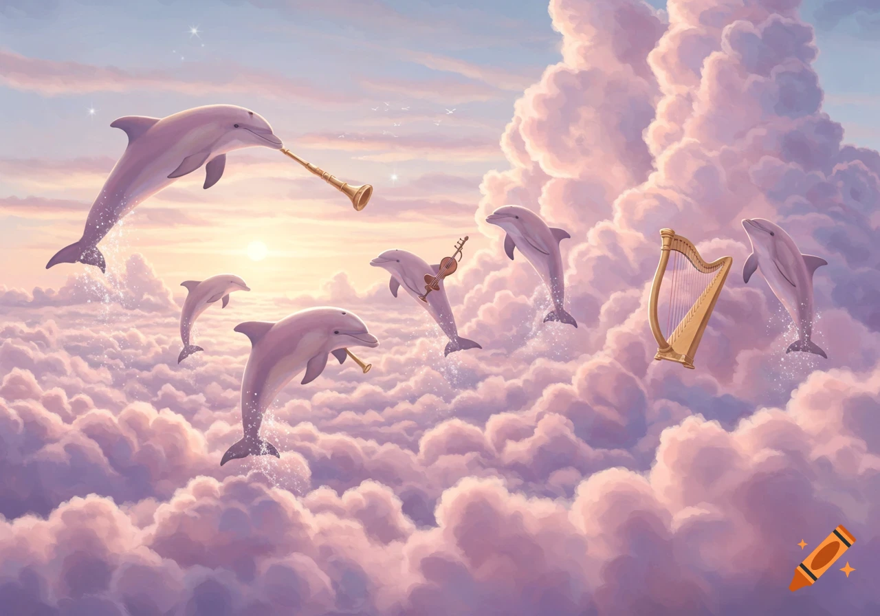 Light pink dolphins leap through fluffy pastel clouds, playing instruments like horns and a violin, with a golden harp floating nearby.
