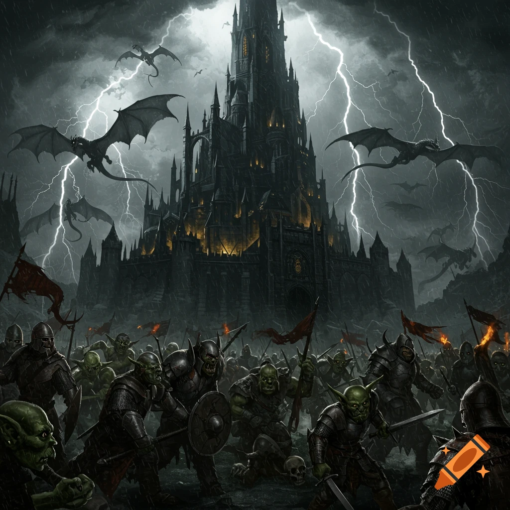 A dark fantasy illustration of a massive black castle under a thunderstorm with lightning, surrounded by a battle of orcs, goblins, and flying dragons.
