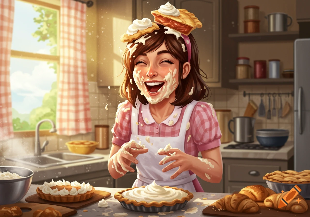 Happy cartoon woman covered in frosting with pies on her head, laughing in a kitchen full of baked goods.