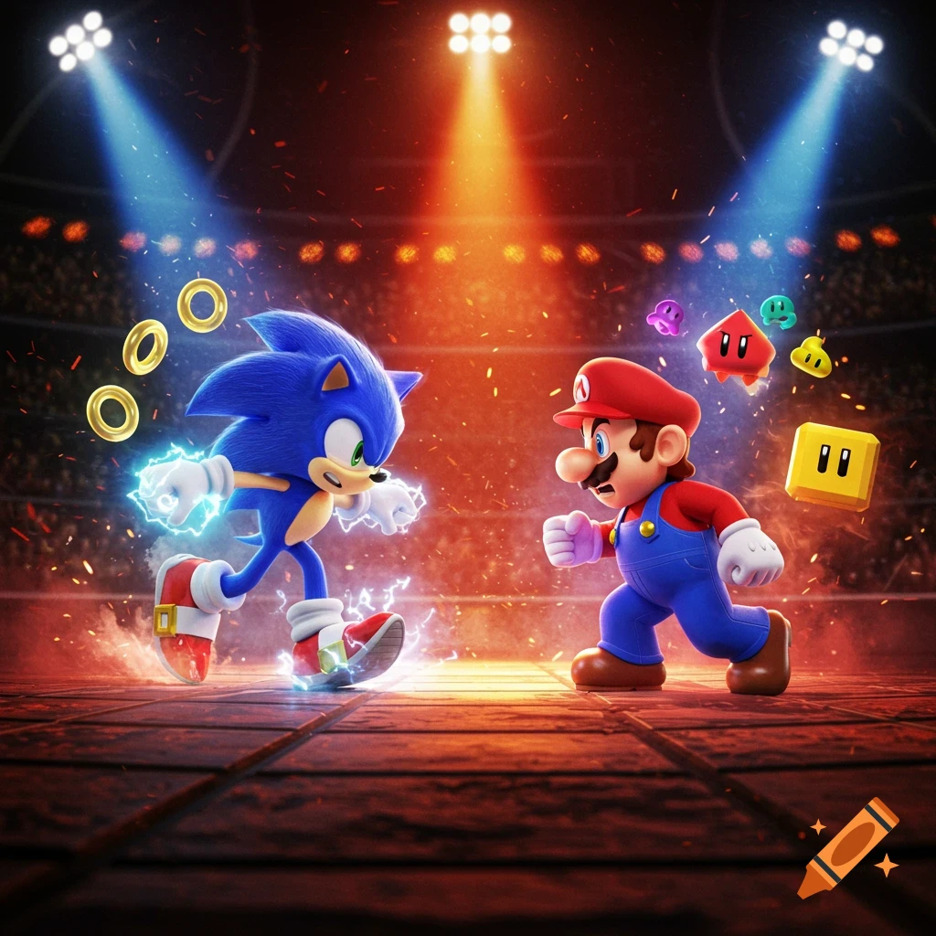 Sonic the Hedgehog and Super Mario face off in a brightly lit arena, surrounded by power-ups.
