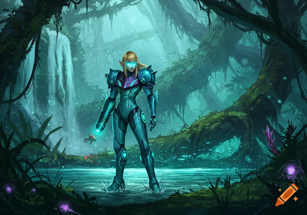 A Zora-like warrior in glowing turquoise and purple futuristic armor stands in a misty jungle river with a waterfall, holding a luminous arm cannon. Illustration.