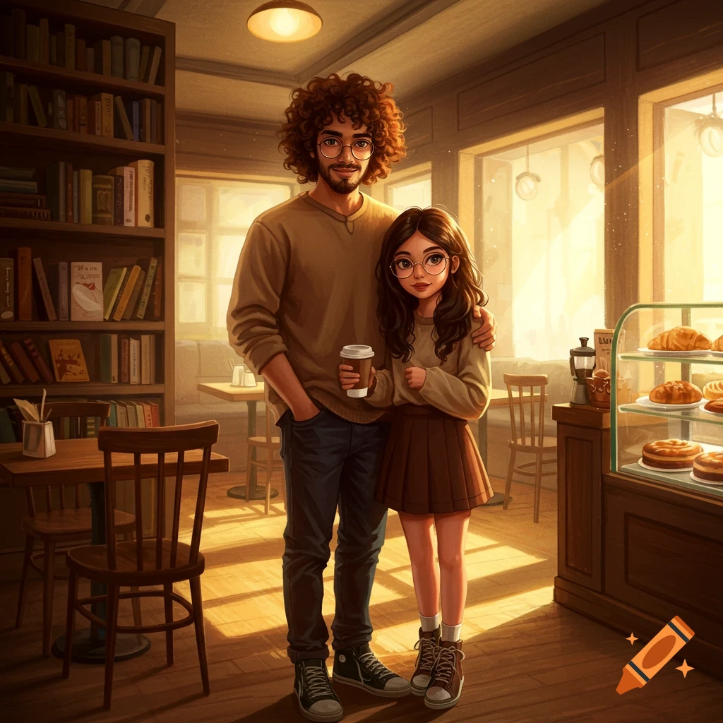 An illustration of a curly-haired man and a girl with glasses standing in a sunlit cafe/bookstore, the girl holding a coffee cup.