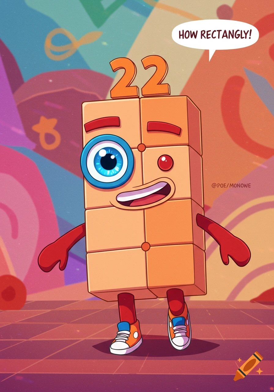 Numberblock 22, an apricot and orange block character with a large blue eye and small red eye, red limbs, and sneakers, stands smiling, with a speech bubble saying 'How Rectangly!'.
