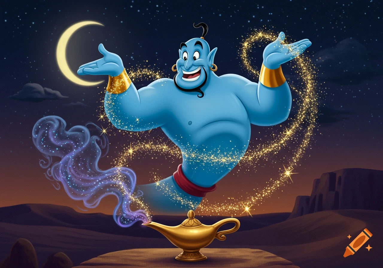 A smiling blue genie with golden armbands emerging from a golden magic lamp, surrounded by sparkling dust under a starry night sky with a crescent moon.