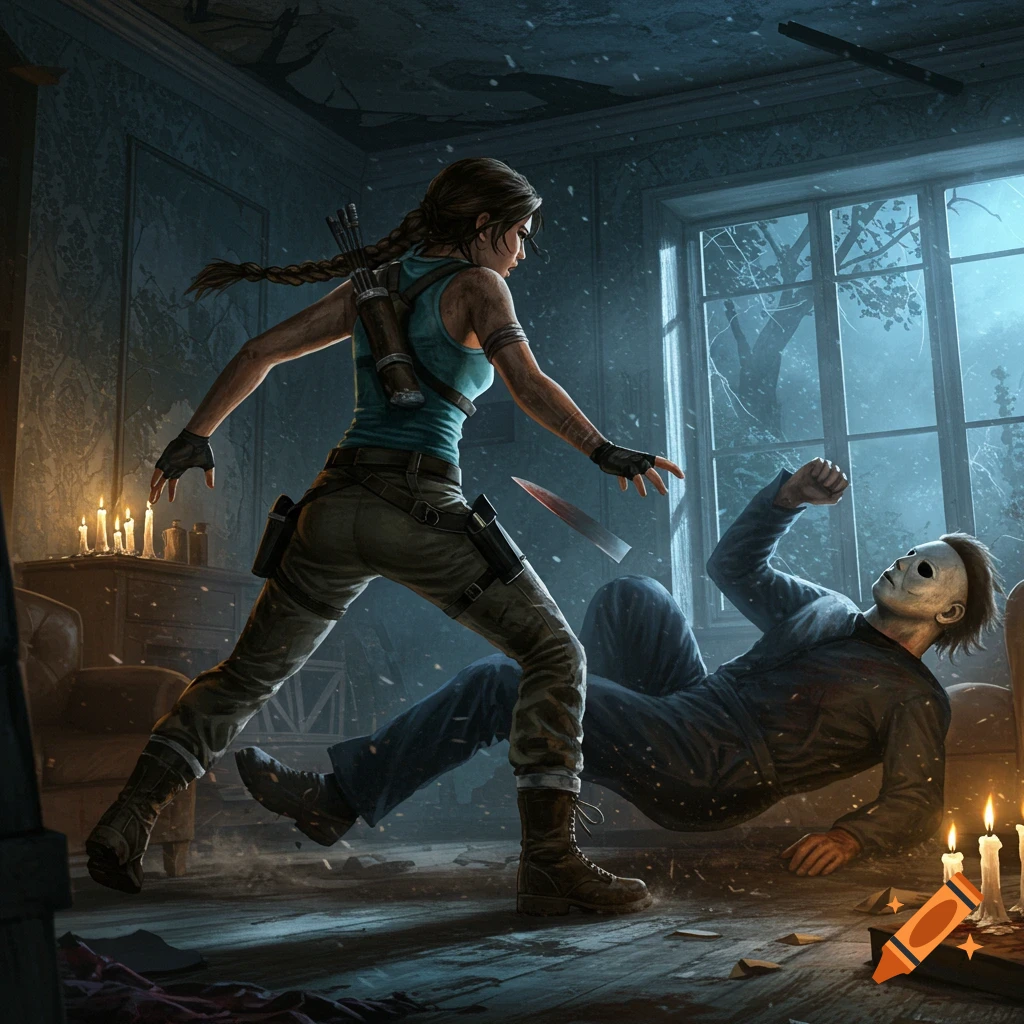 Lara Croft confronts a fallen Michael Myers in a dimly lit, dilapidated room during a storm, digital art.