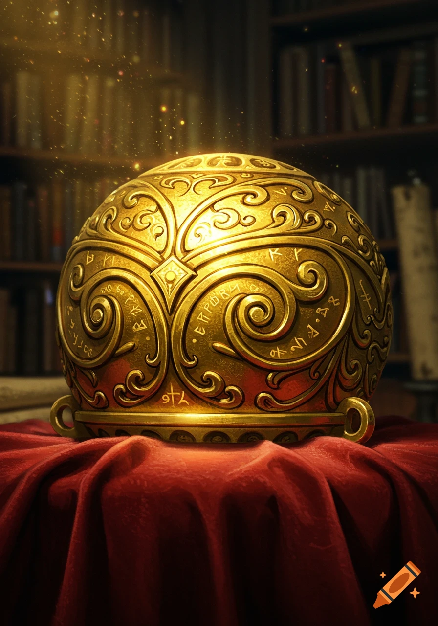 A glowing golden ornate sphere with swirling patterns and mysterious runes sits on a red velvet cloth in a dimly lit library.