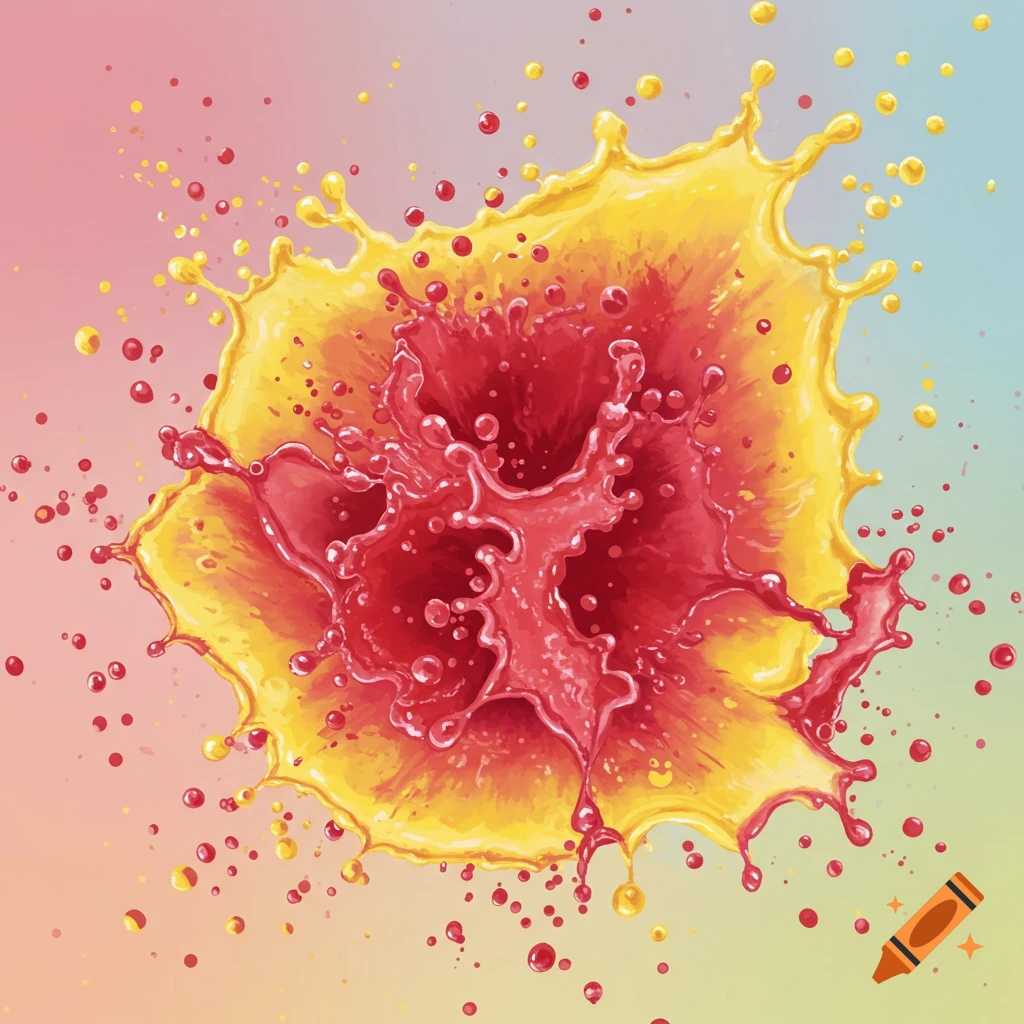 Vibrant red and yellow liquid explosion with droplets on a gradient background, digital art style.