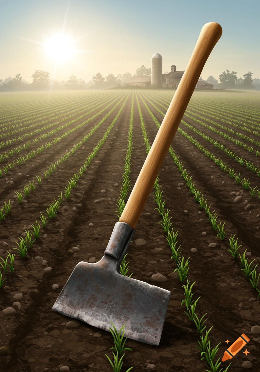 A rustic hoe stands in a vibrant farm field with young crops, a distant barn, silo, and bright sun. Photorealistic.