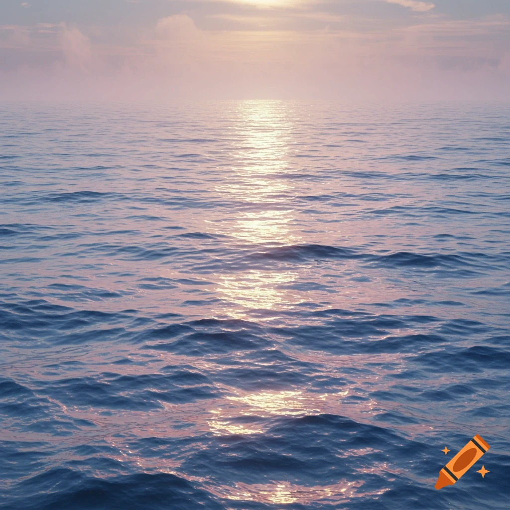 Calm ocean water reflecting soft pink and yellow light from the sky at sunrise or sunset.